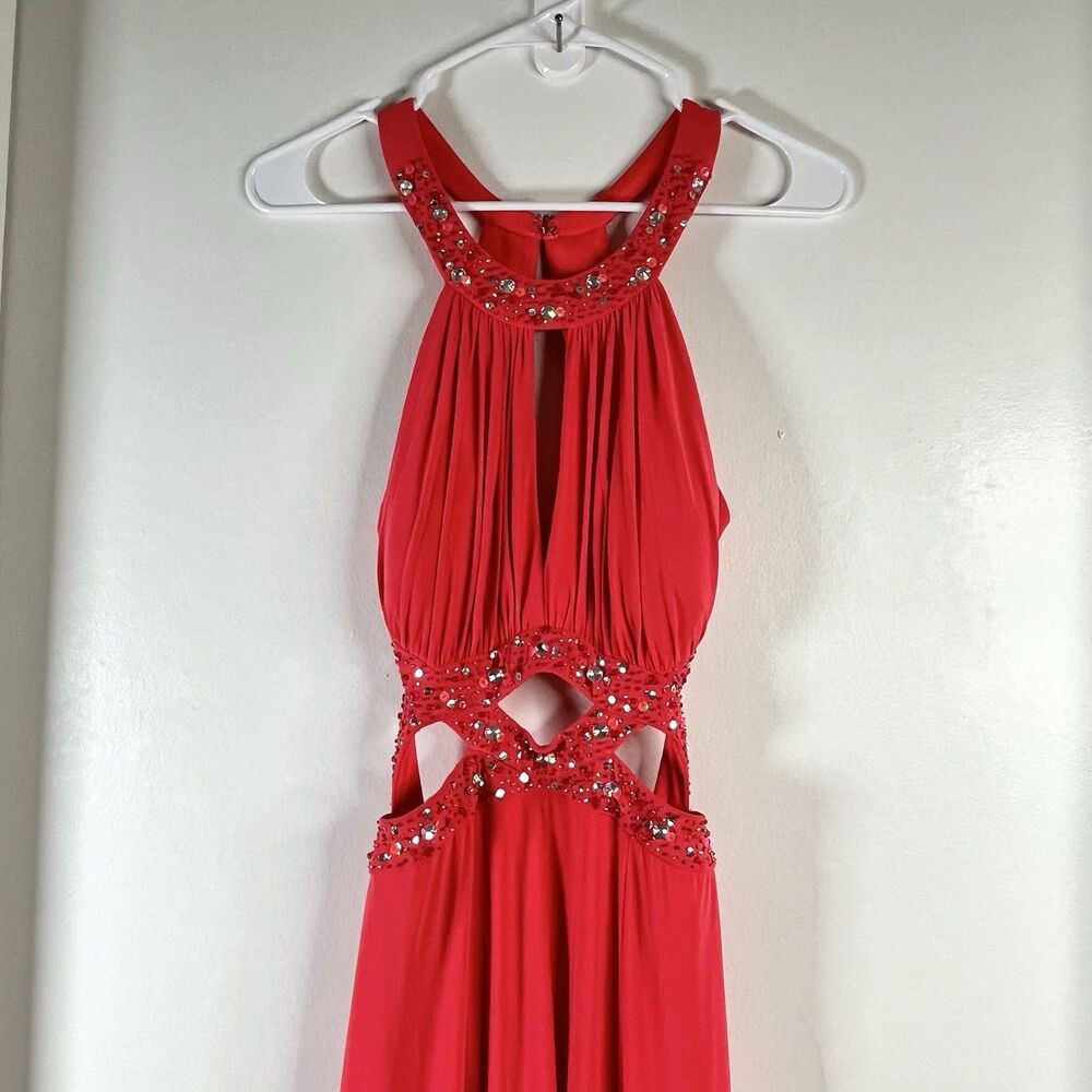 Morgan & co Prom Dress Maxi Gown Y2K Beaded Halter Cut Out Mermaid Coral S Sexy